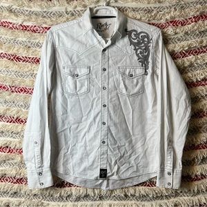 Rock 47 Embroidered White Pearl Snap Western Shirt Size M